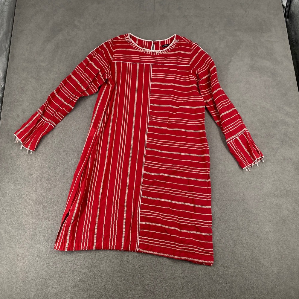 Sapphire Red White Striped Tunic Dress Beaded Neckline Long Sleeve Size M
